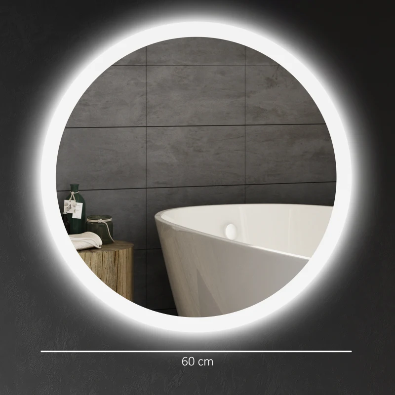 kleankin LED Badspiegel, einstellbare Helligkeit, Entnebelung, Touch, IP44, Metall/Glas, Ø60 cm, Weiß/Silber