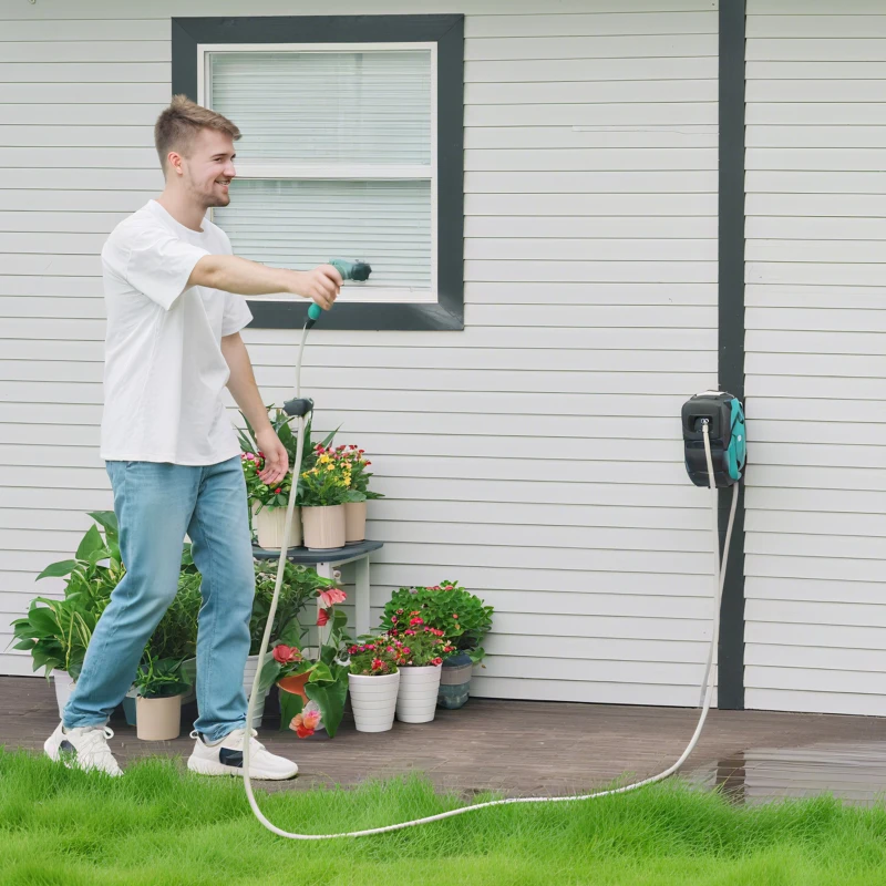 DURHAND Avvolgitubo Automatico a Parete con Tubo da 10 m, in Plastica e PP, 28x14x34 cm, Nero e Azzurro