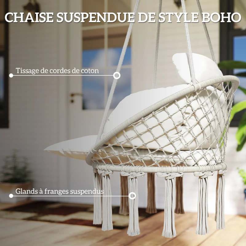 Outsunny Chaise suspendue avec grand coussin rembourré hamac fauteuil suspendu à franges kit de suspension 80 x 60 x 40 cm crème