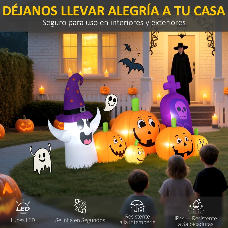 Outsunny Calabaza Inflable de Halloween con Fantasma Lápida con Luces LED IP44 e Inflador para Fiestas 240x130x130 cm Multicolor