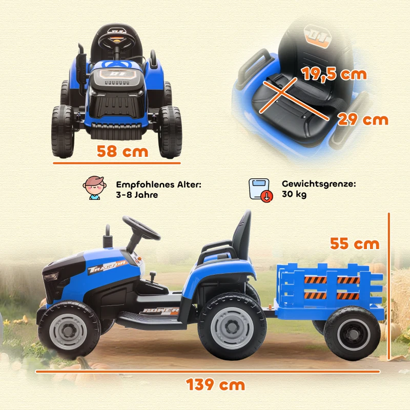 AIYAPLAY Elektrischer Kindertraktor, Aufsitz-Traktor mit Fernbedienung, Soft-Start, für Kinder im Alter von 3-8 Jahren, Blau(m-3)