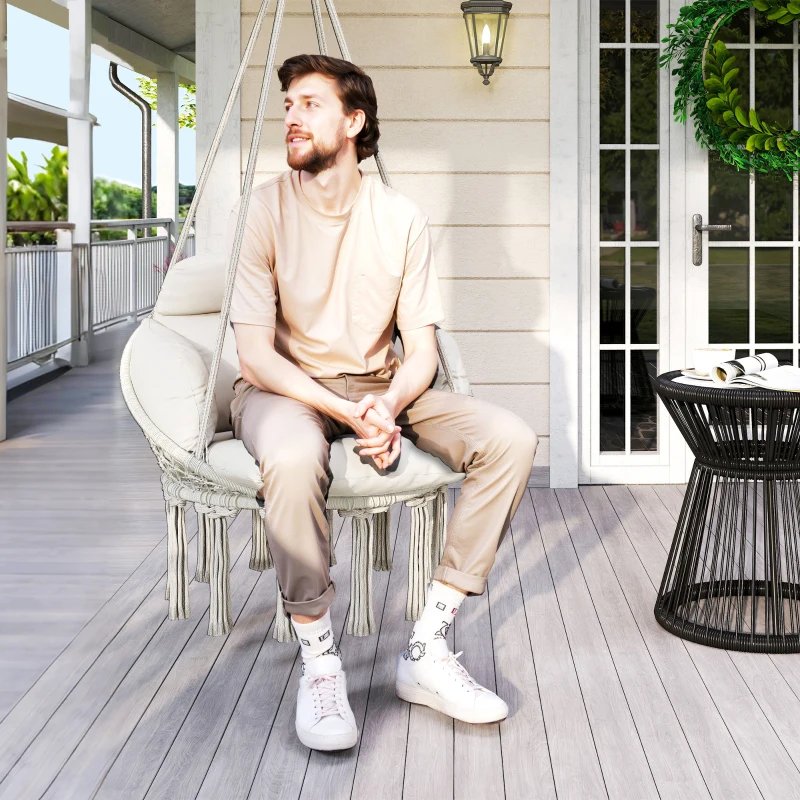 Outsunny Chaise suspendue avec grand coussin rembourré hamac fauteuil suspendu à franges kit de suspension 80 x 60 x 40 cm crème