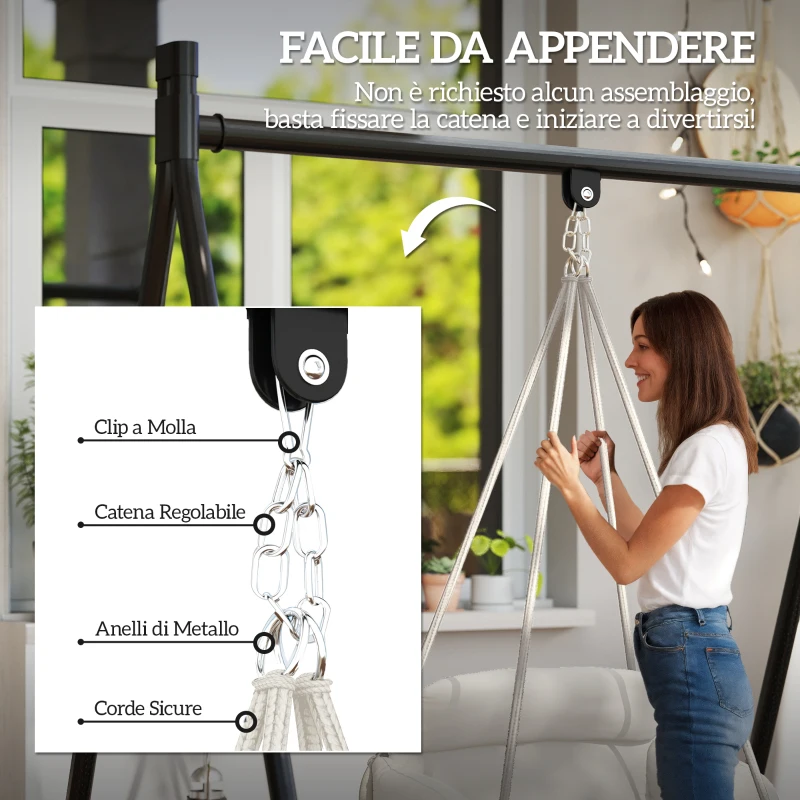 Outsunny Poltrona Sospesa in Stile Boho con Cuscino, in Acciaio, Cotone e Poliestere, 80x60x40 cm, Bianco Crema