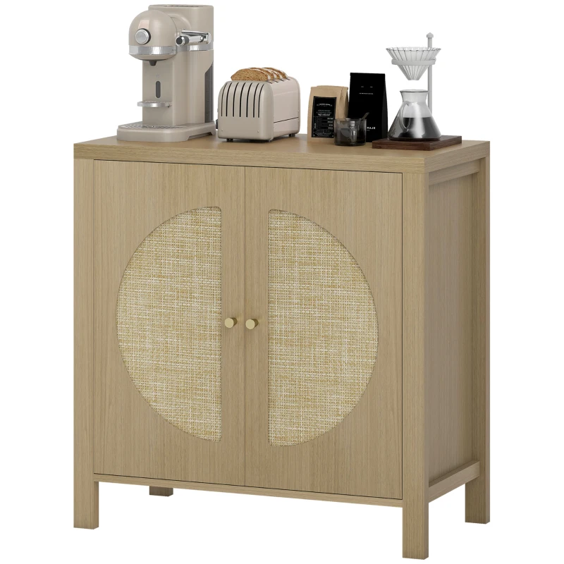 HOMCOM Küchenschrank mit 2 Türen aus Rattan verstellbarem Regal und 2 Griffen 75x38x77 cm Naturholz