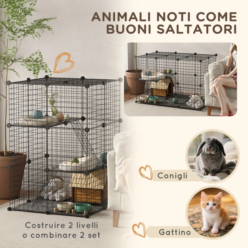 PawHut Gabbia Modulare per Conigli e Porcellini d'India Multilivello con 3 Porte e Fili d'Acciaio, Nero