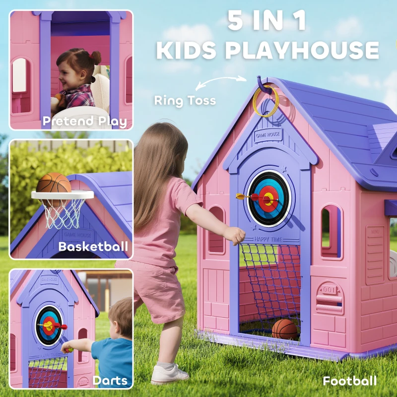 AIYAPLAY 5-in-1 Playhouse for Kids Outdoor Indoor with Basketball Hoop, Football Goal, Dartboard, Ring Toss for 2-5 Years, Pink