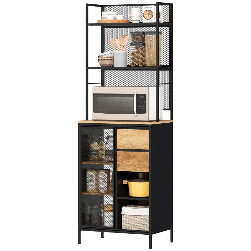 HOMCOM Buffet, armoire de cuisine, plan de travail, porte coulissante, tiroirs et étagères ouvertes, 60x40x180cm, bois naturel