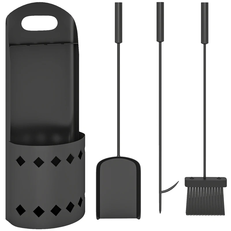 Outsunny Set de herramientas para chimenea 4 piezas, accesorio herramientas chimenea con escoba pala atizador y soporte, en metal negro