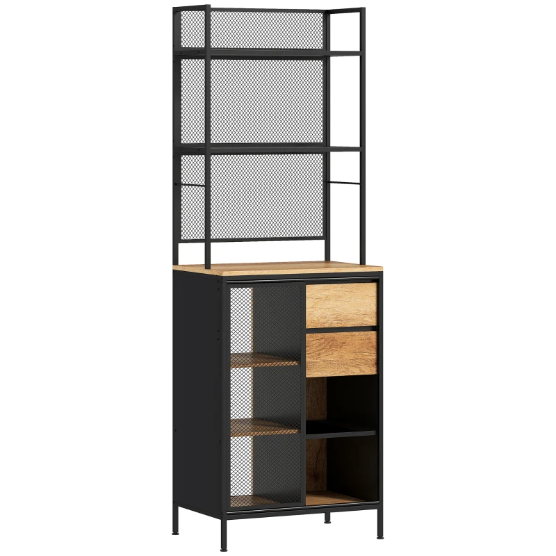 HOMCOM Küchenbuffet, Küchenschrank, Arbeitsplatte, Schiebetür, Schubladen und offene Regale, 60x40x180cm, Naturholz