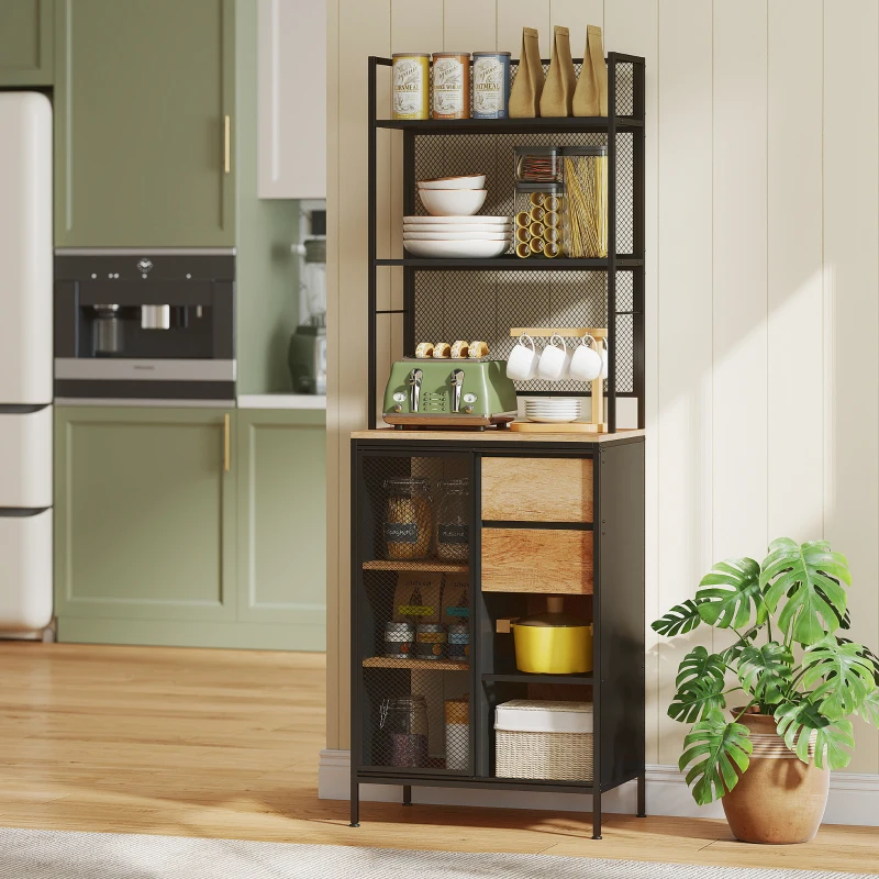 HOMCOM Buffet, armoire de cuisine, plan de travail, porte coulissante, tiroirs et étagères ouvertes, 60x40x180cm, bois naturel