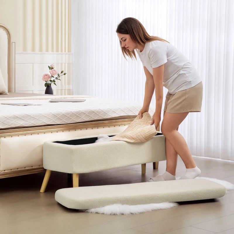 HOMCOM Banc de rangement, bout de lit avec couvercle, pieds en bois, capacité 65 L, jusqu'à 220 kg, 120x42x45cm, beige