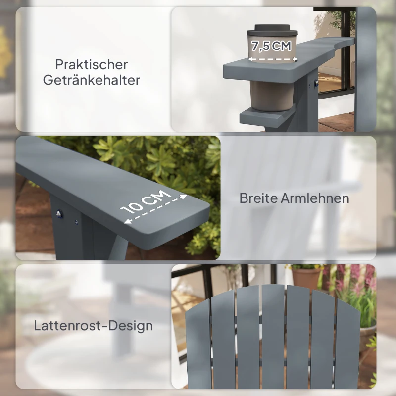 Outsunny Adirondack-Gartenstuhl mit Becherhalter Gartenliege Balkonstuhl Massivholz Dunkelgrau 95 x 72 x 93 cm