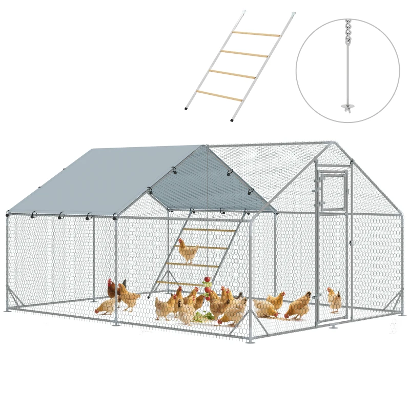 PawHut Gallinero Metálico de Exterior de 3x4m con Percha Multiusos Comedero Colgante Tipo Brocheta y Lona Protectora Resistente