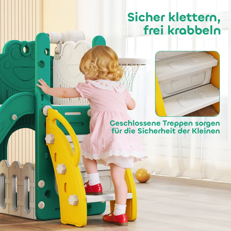 AIYAPLAY 5-in-1 kinderrutschenset, telescoop, basketbalnet, kunststof, Geel+Groen
