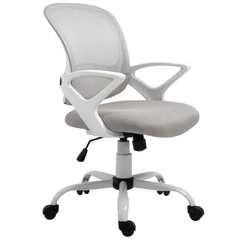 Vinsetto Cadeira de Oficina Ergonômica Basculante com Altura Ajustável Assento Giratório 360° Suporte Lombar e Malha Transpirável 61x61x89-99cm Cinza e Branco