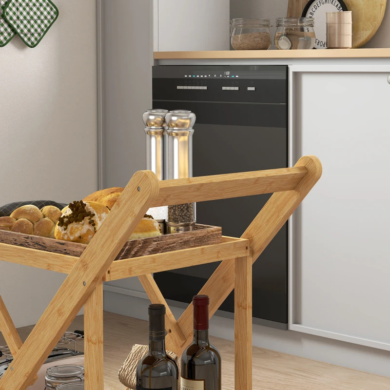 HOMCOM Carrello da Cucina Portavivande Pieghevole a 2 Livelli con Portabottiglie in Legno di Bambù