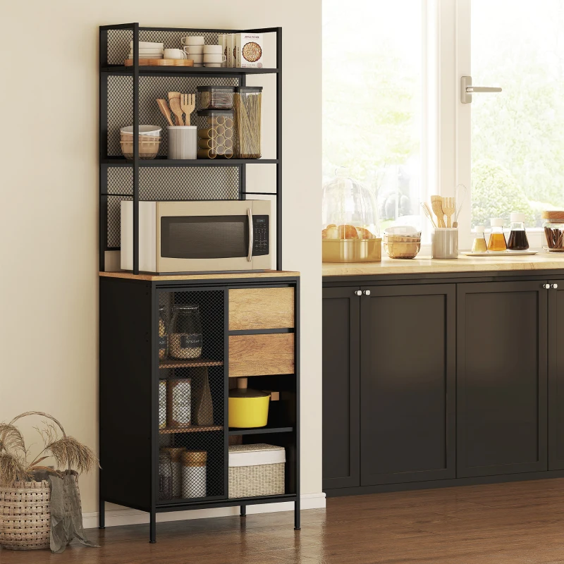 HOMCOM Credenza Cucina Alta con cassetti e mensole aperte, con kit anti-ribaltamento e piedi regolabili, 60x40x180cm, Legno naturale| Aosom Italy