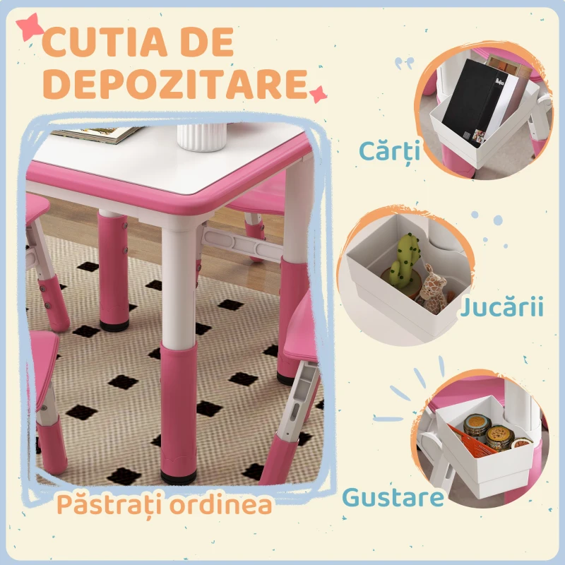 Aiyaplay Set Masa & Scaune Reglabile 18–60 luni cu Tablita – Roz