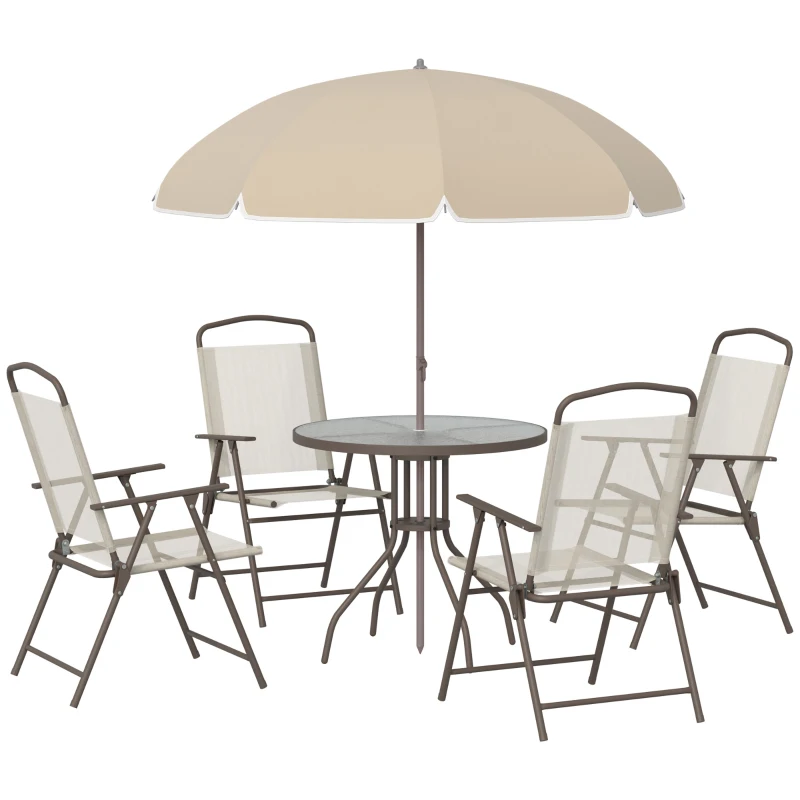 Outsunny Ensemble Salon de Jardin 6 pcs - Table Ronde + 4 chaises Pliables + Parasol - Acier époxy café textilène Polyester Beige