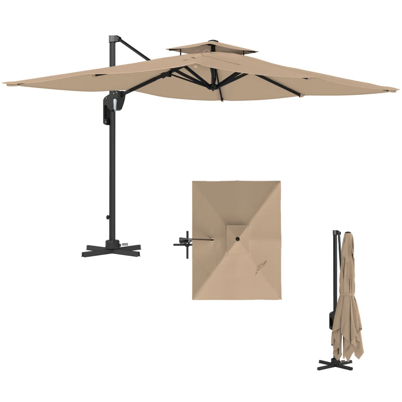 Outsunny 3.7 x 2.7 m Cantilever Parasol w/360° Rotation and Easy Tilt Adjustment, Aluminium Hanging Offset Outdoor Umbrella w/Double Top, Cross Base, UPF50+ Hanging Sun Shade, Black Pole