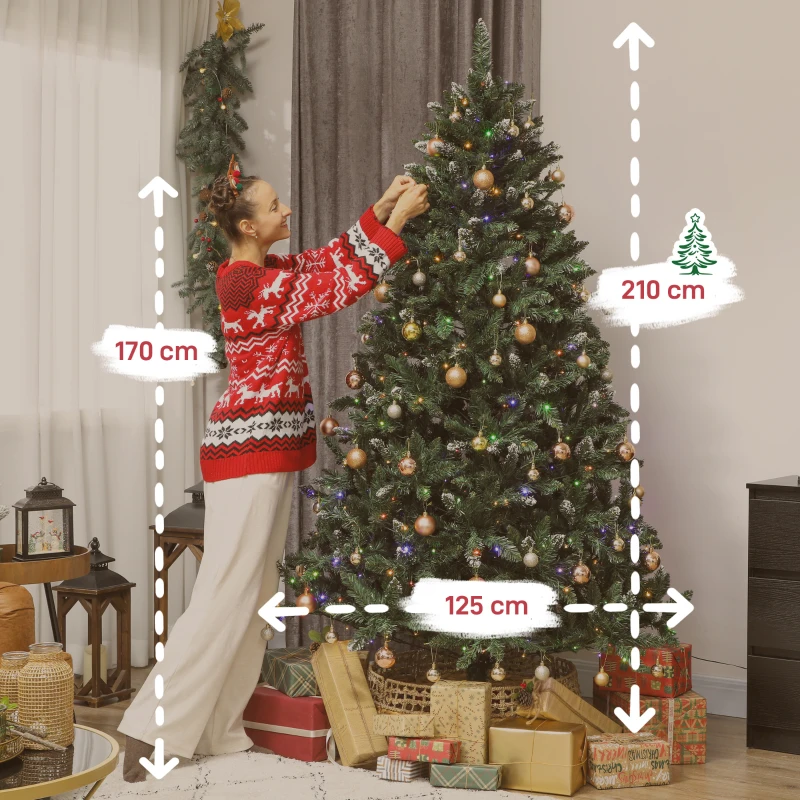HOMCOM Árvore de Natal 210 cm com Luzes LED 9 Modos de Iluminação 1160 Ramos e Neve Artificial Verde