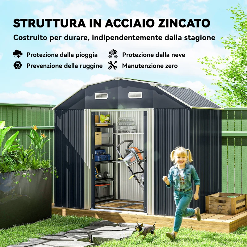 Outsunny Capanno Porta Attrezzi con Ripiani Regolabili e 2 Finestre, in Acciaio Zincato, 238x132x198.5 cm, Grigio Scuro