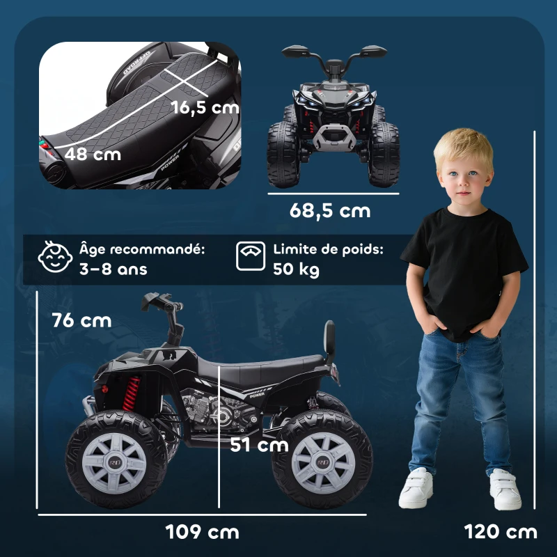 AIYAPLAY Quad électrique enfant 24V, voiture électrique enfants ATV, double moteur, phares, port USB et MP3, 109x68,5x76cm, noir