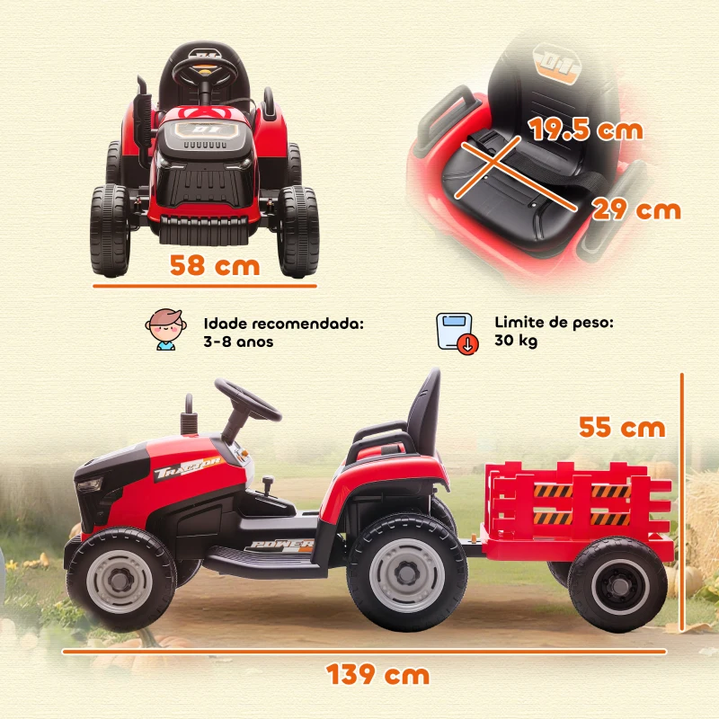 AIYAPLAY Trator Elétrico para Crianças com Reboque Desmontável Bateria 12V Velocidade 3-5 km/h Controle Remoto 2,4G 139x58x55 cm Vermelho