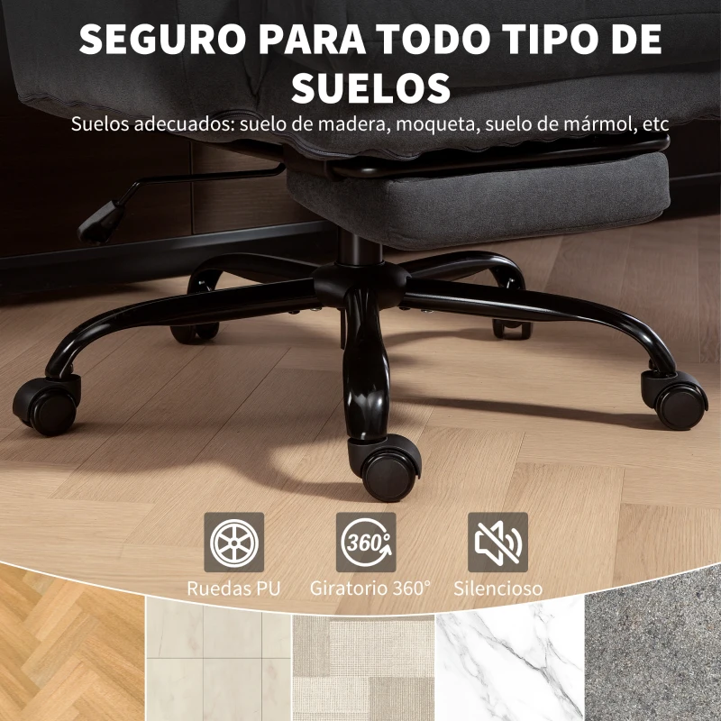 HOMCOM Silla de Escritorio con Reposapiés Respaldo Reclinable y Alto Asiento y Reposabrazos Anchos Acolchado Grueso Gris Oscuro