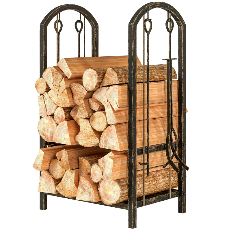 Outsunny Porte-bûches intérieur 43 x 30 x 74cm 2 Ebenen Brennholzregal mit 4 Kaminwerkzeug, Haken