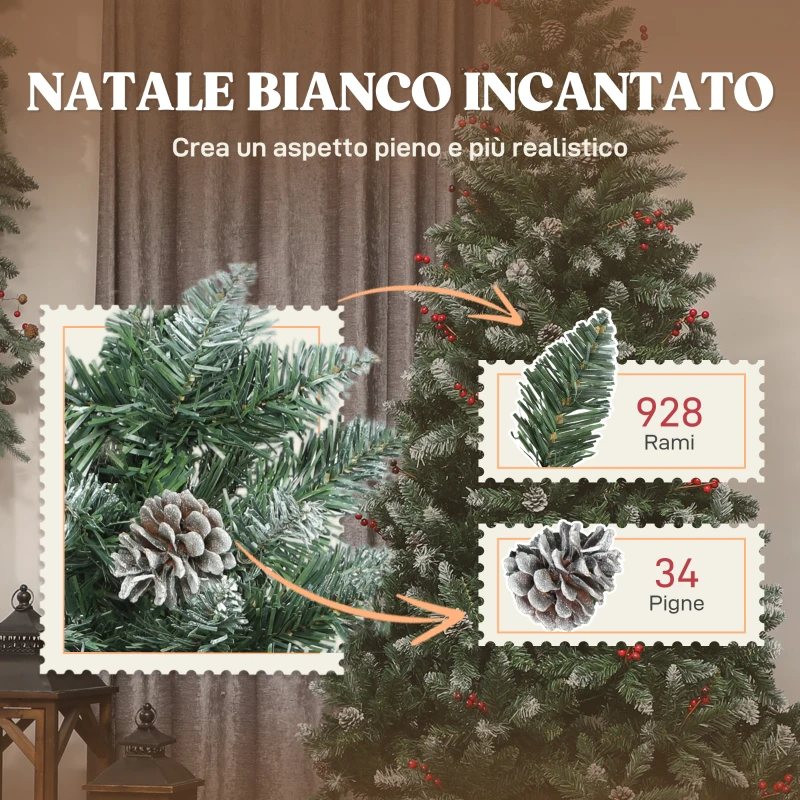 HOMCOM Albero di Natale Alto 210 cm da Interno con 928 Rami, Pigne e Bacche Rosse, Base in Metallo, Verde
