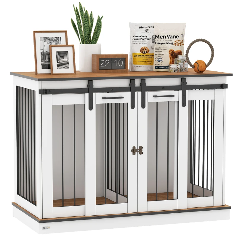 PawHut Hundekäfig mit 2 Türen, Hundebox, Transportbox für Hunde, rustikales Design, verriegelbar, Weiß(m-11)