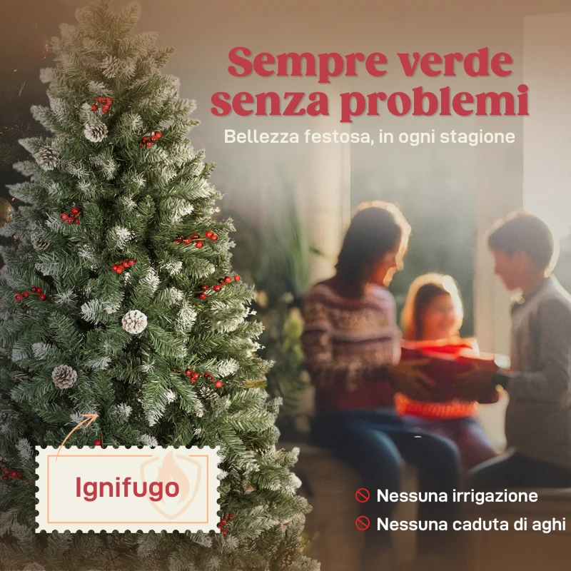 HOMCOM Albero di Natale Alto 210 cm da Interno con 928 Rami, Pigne e Bacche Rosse, Base in Metallo, Verde