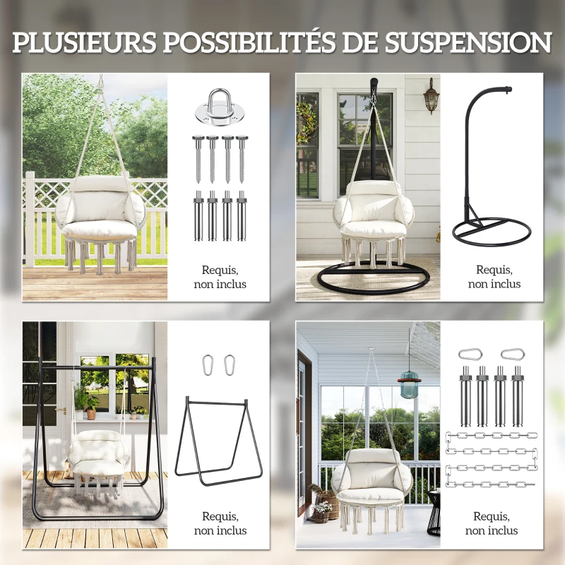 Outsunny Chaise suspendue avec grand coussin rembourré hamac fauteuil suspendu à franges kit de suspension 80 x 60 x 40 cm crème
