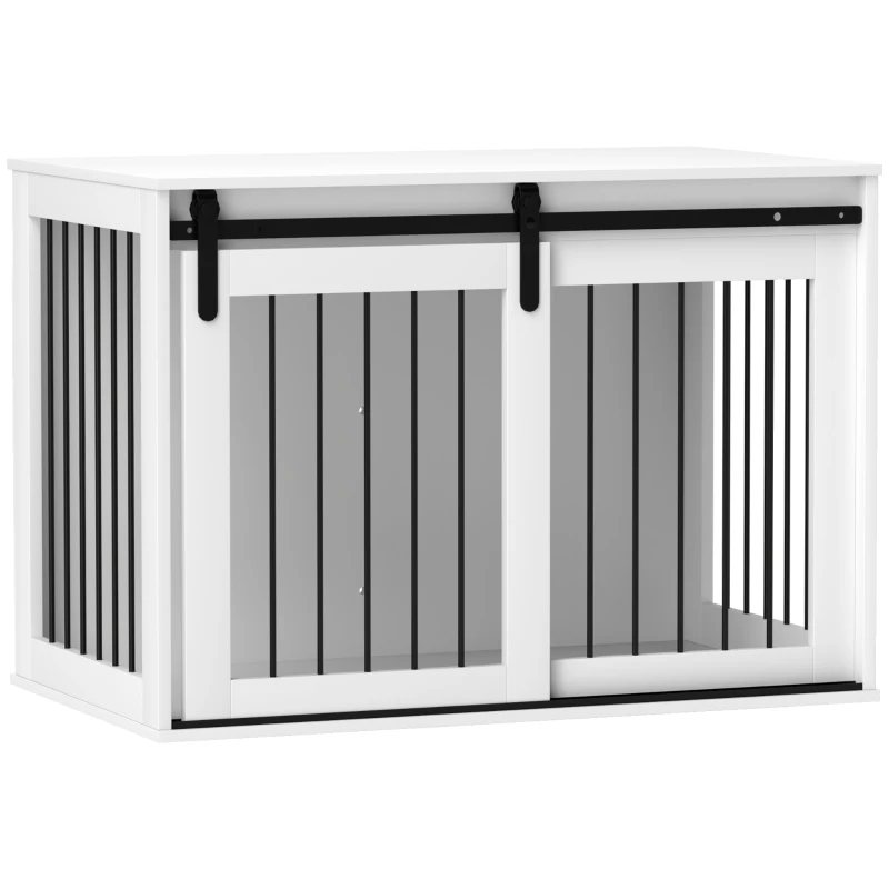 PawHut Hundebox mit Schiebetür, Belüftung, Spanplatte und Stahl, 98 x 58 x 61 cm, Walnuss