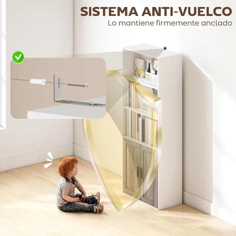 HOMCOM Estantería para Libros Estrecha Librería con Puertas Estantes Abiertos y Armario 60x30x149,5 cm Blanco y Marrón