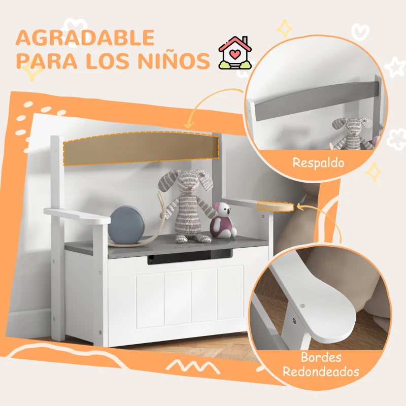 AIYAPLAY Banco Almacenaje para Niños con Respaldo Tapa Amortiguadora Carga 30 kg para Salas de Juego 68,5x34x58 cm Gris y Blanco