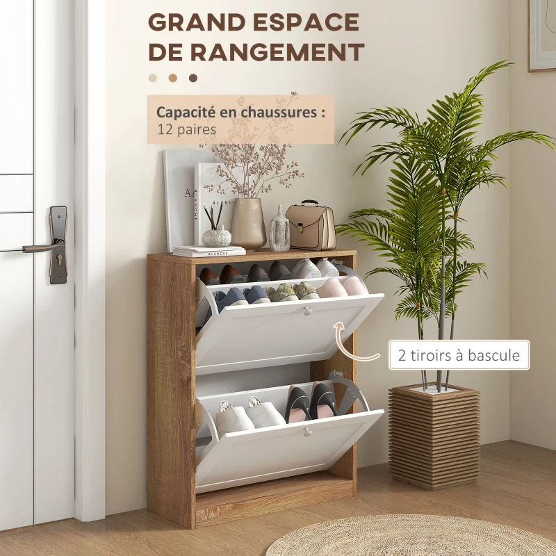 HOMCOM Meuble à chaussures 12 paires, armoire à chaussures, 2 tiroirs rabattables et étagères réglables, 60x24,5x75,5cm, blanc