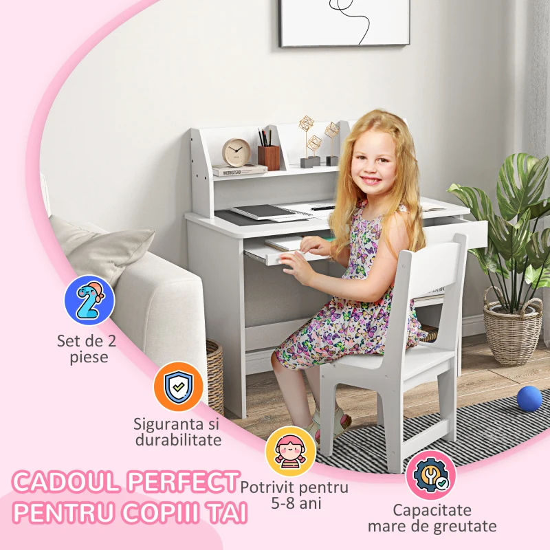 ZoneKiz Masa & Scaun Birou Lemn – Copii 5–8 Ani, Stil scolar(m-6)