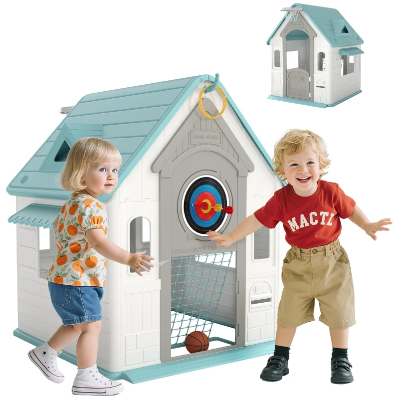 AIYAPLAY 5-in-1 Playhouse for Kids Outdoor Indoor with Basketball Hoop, Football Goal, Dartboard, Ring Toss for 2-5 Years, Beige