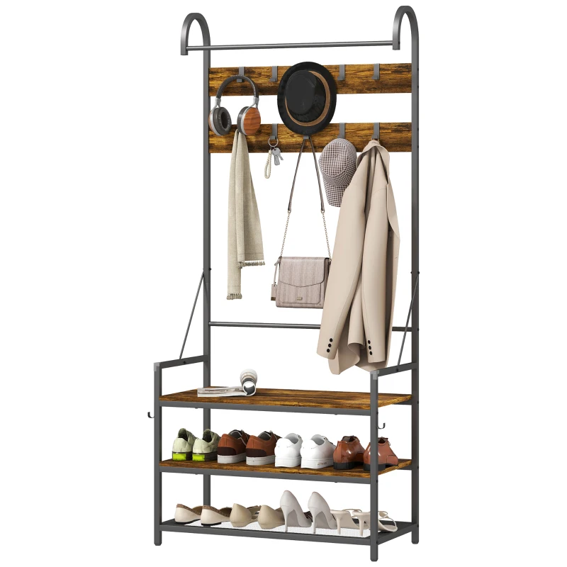 HOMCOM Porte-Manteau d'Entrée avec Tringle, 10 Crochets, Banc et Etagère à Chaussures, en Bois et Métal, 80x40x182 cm, Marron et Noir