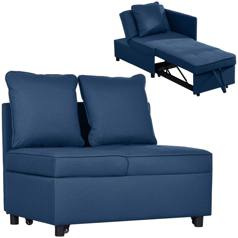 HOMCOM Convertible Single Sofa Bed with Thick Padded Seat, 3-in-1 Multi-Functional Sleeper Chair Bed with Magazine Pocket, for Living Room, Blue