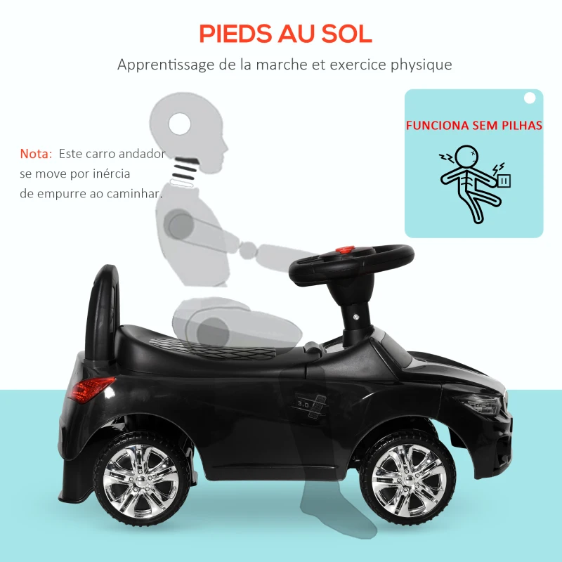 HOMCOM Porteur enfants voiture, véhicule à pousser avec coffre à jouets, klaxon, phares et musique, 63,5 x 28 x 36 cm, noir