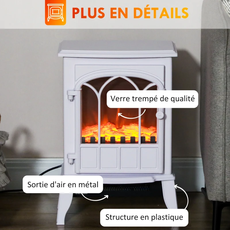 HOMCOM Cheminée électrique sur pied 1000/2000 W, fausse cheminée décorative avec effet flamme LED, blanc
