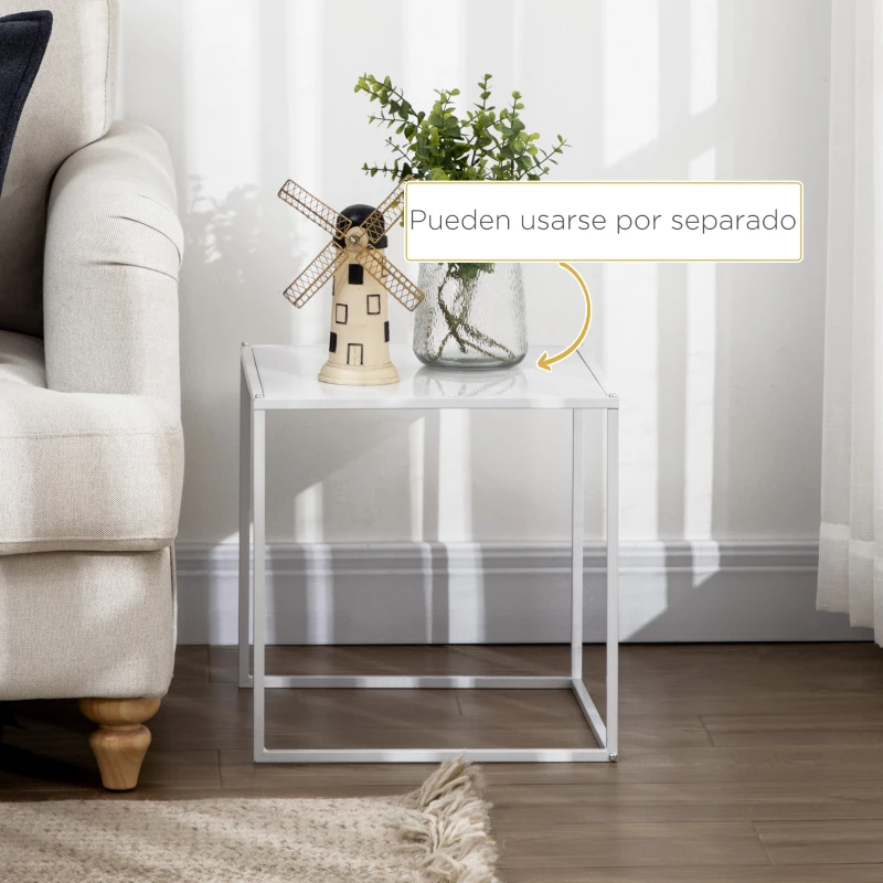 HOMCOM Juego de 2 Mesas Nido Mesas de Centro para Salón Cuadradas Material de Acero Grande 40 cm Pequeña 35 cm Blanco
