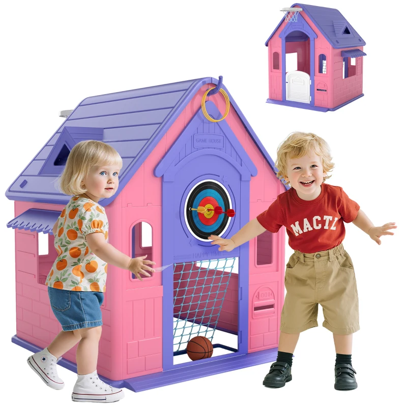 AIYAPLAY 5-in-1 Playhouse for Kids Outdoor Indoor with Basketball Hoop, Football Goal, Dartboard, Ring Toss for 2-5 Years, Pink