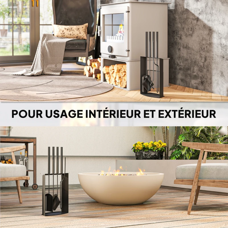 Outsunny Ensemble serviteur de cheminée 5 pièces métal avec balai, pelle, tisonnier, paire de pinces et support 28x13x59,5cm noir