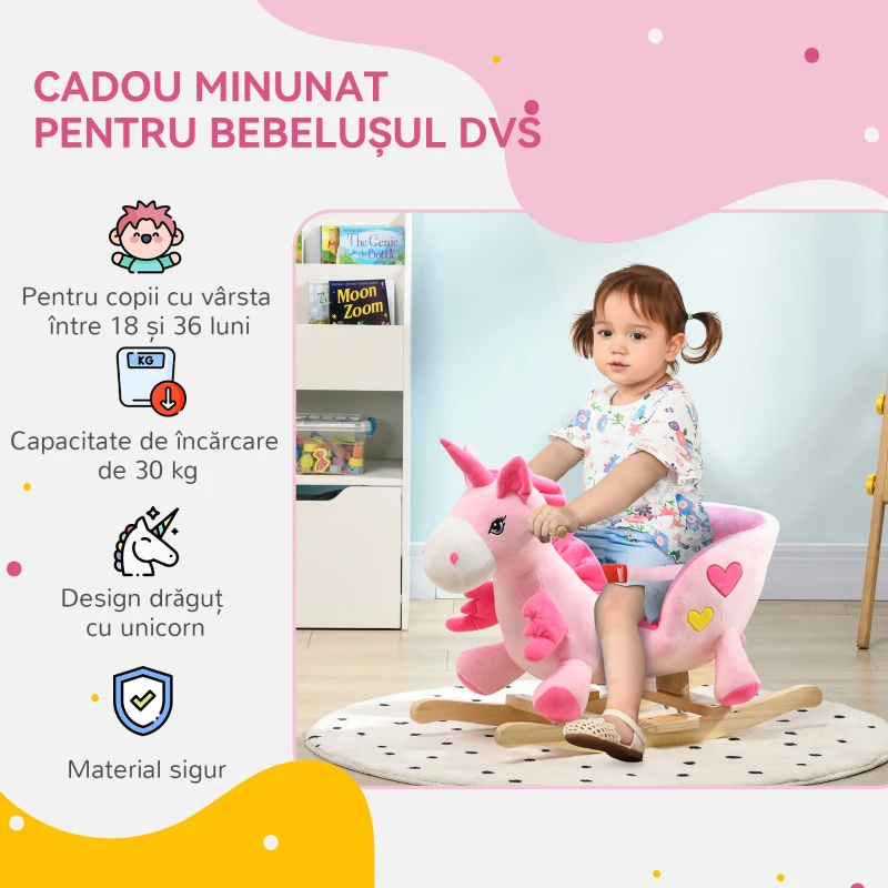 HOMCOM Cal Balansoar, Unicorn Balansoar din Pluș cu Bază din Lemn și Centură de Siguranță pentru Copii, 65x35x45 cm, Roz