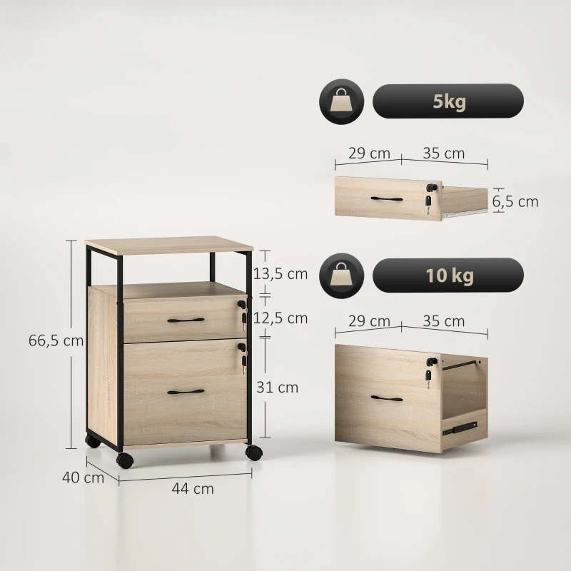Vinsetto Cajonera de Oficina Cajonera para Escritorio con 2 Cajones y Ruedas para Tamaño Carta A4 44x40x66,5 cm Tono Madera