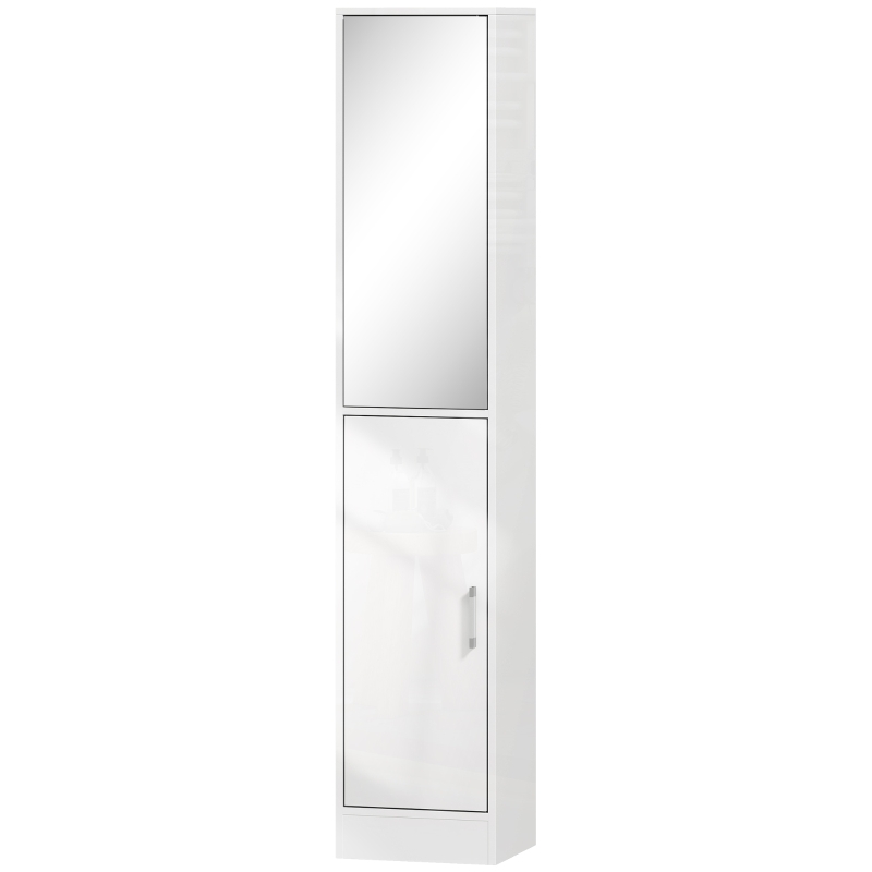 kleankin Tall Bathroom Cabinet with Mirror and Adjustable Shelf - High Gloss White